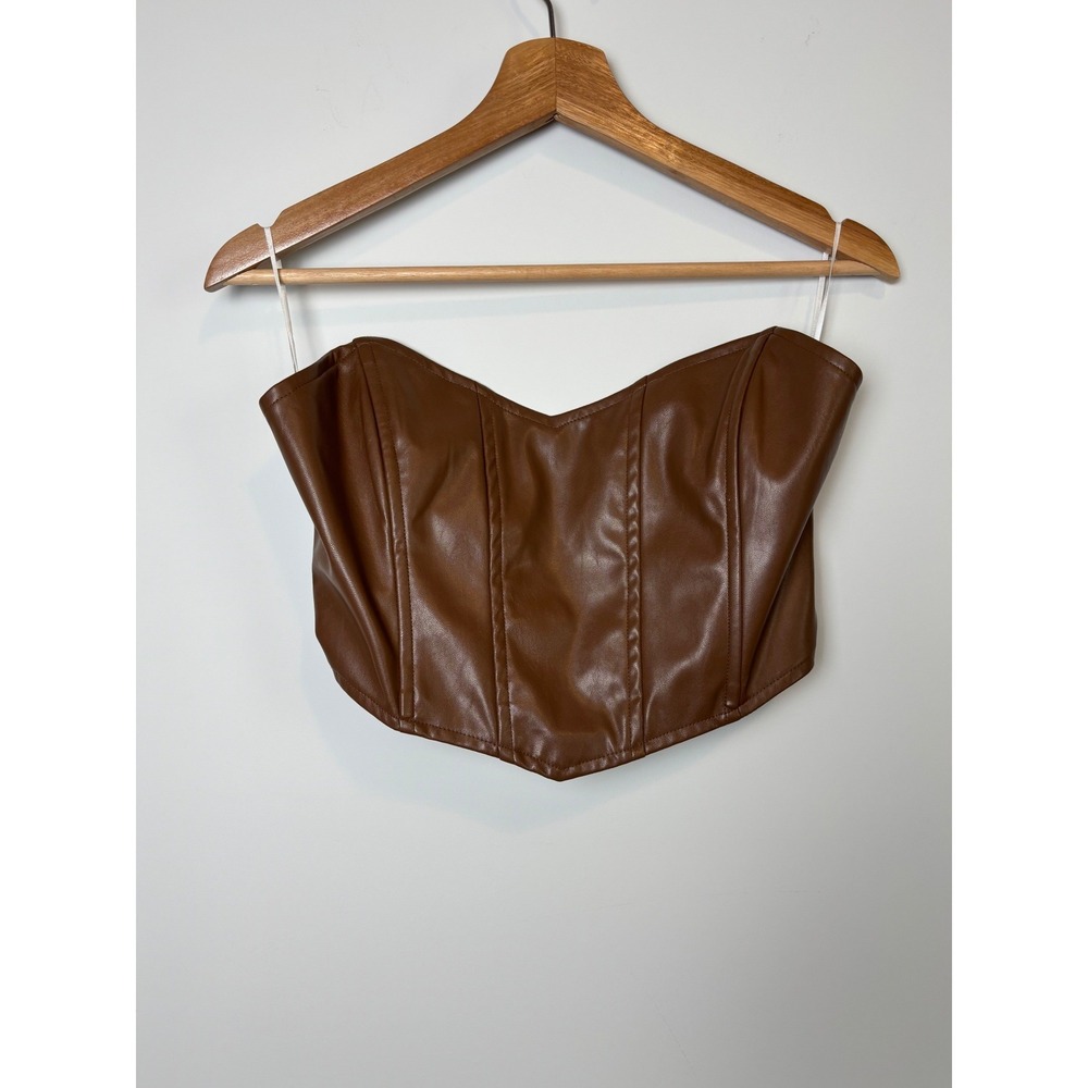 Princess Polly Brown Faux Leather Corset Top Strapless Zip Back Crop Top US 8